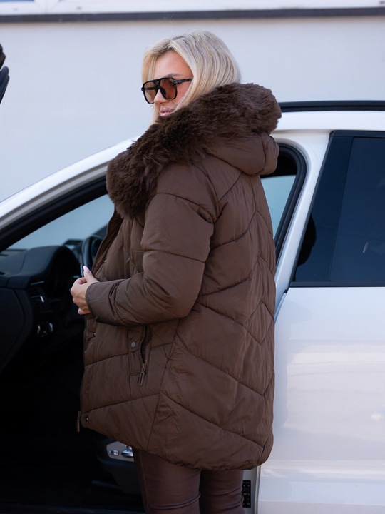 LEXI Klasyczna Luźna KURTKA Damska Pikowana Kaptur Z Futerkiem