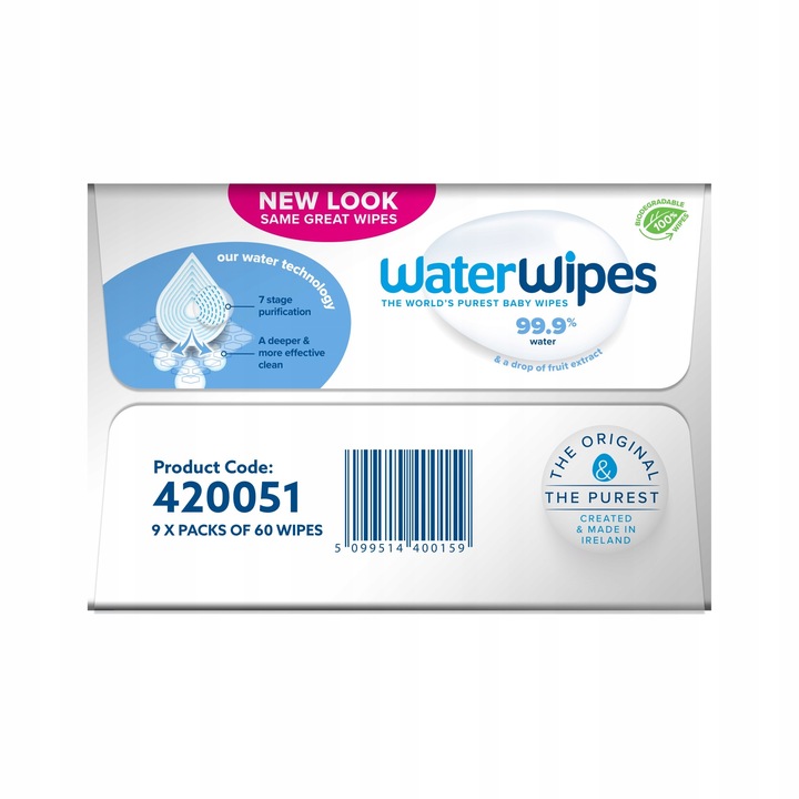 WaterWipes BIO Chusteczki nawilżane 9x60szt. 99,9% wody delikatne