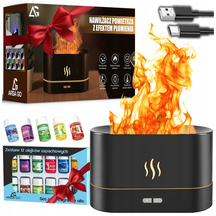 NAWILŻACZ POWIETRZA DYFUZOR LAMPKA NOCNA LED EFEKT PŁOMIENIA KOMINEK