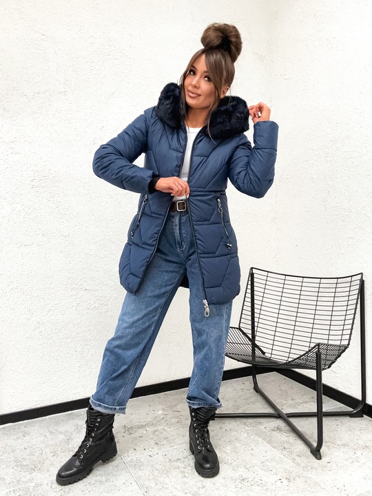 Ciepła zimowa długa kurtka damska pikowana granat 8377 roz S