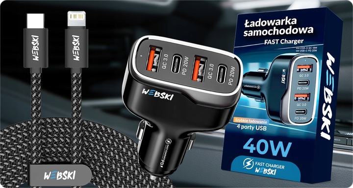 SZYBKA ŁADOWARKA SAMOCHODOWA 4XUSB 40W I KABEL 1 METR DO iPHONE C-L 27W 1m