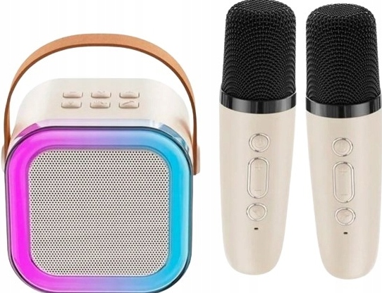 ZESTAW KARAOKE PRZENOŚNY GŁOŚNIK +2 MIKROFONY ŚWIECĄCY EFEKTY DŹWIĘKOWE USB