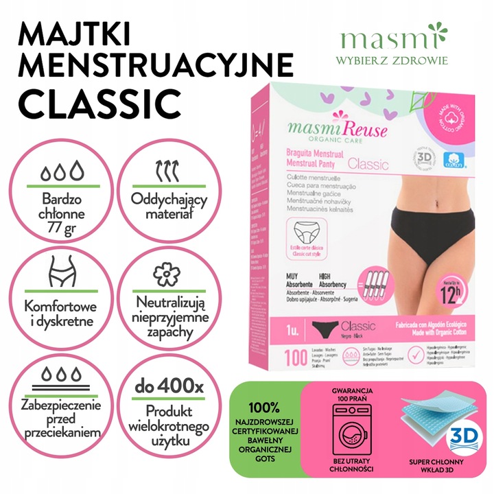 Majtki menstruacyjne ekologiczne Masmi CLASSIC L 100% bawełna gw.100 prań