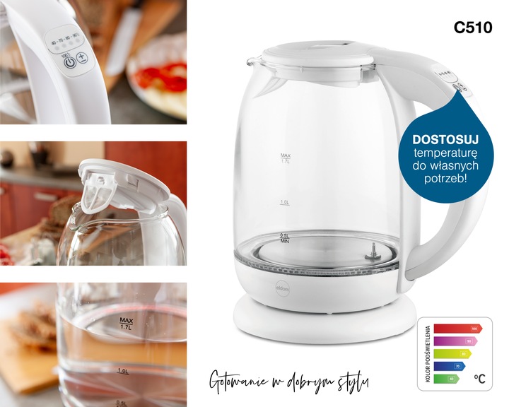 CZAJNIK ELEKTRYCZNY BEZPRZEWODOWY SZKLANY C510 2200W 1,7l BIAŁY