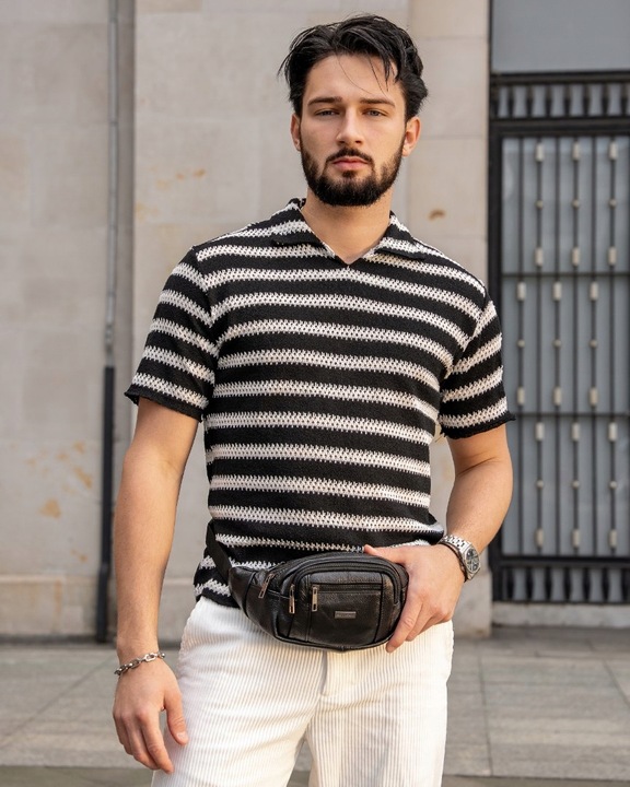 Saszetka męska nerka elegancka ze skóry naturalnej na pasku skórzana