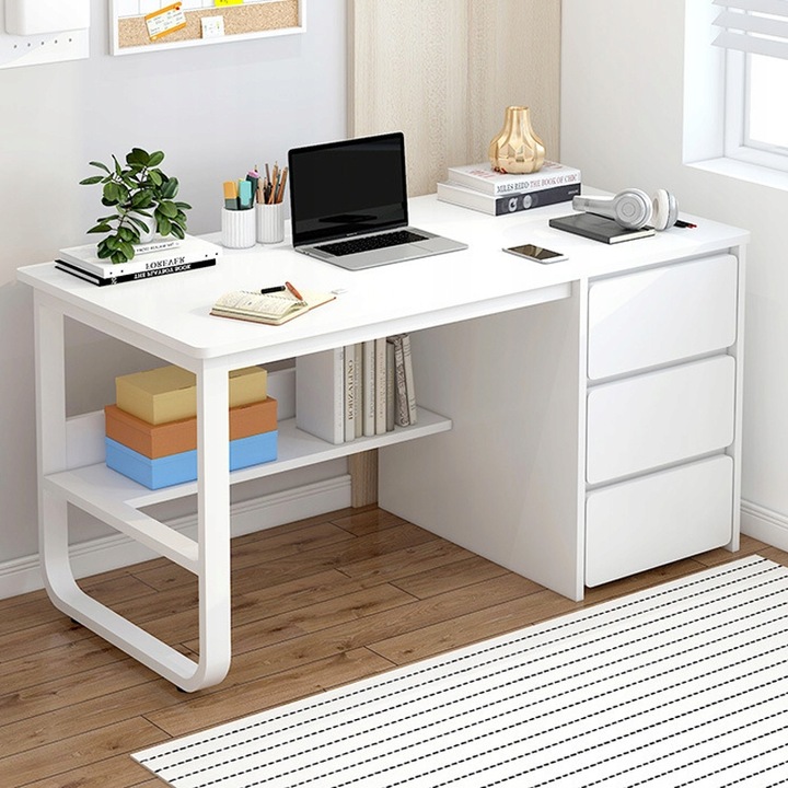 BIURKO KOMPUTEROWE MŁODZIEŻOWE BIAŁE STYL SKANDYNAWSKI DUŻE PÓŁKI