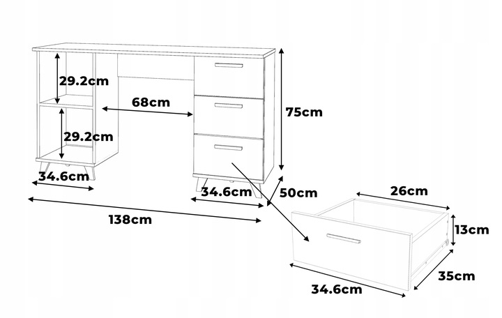 Biurko BIAŁE 138CM 3 Szuflady dla dziecka Stolik Skandynawski półki