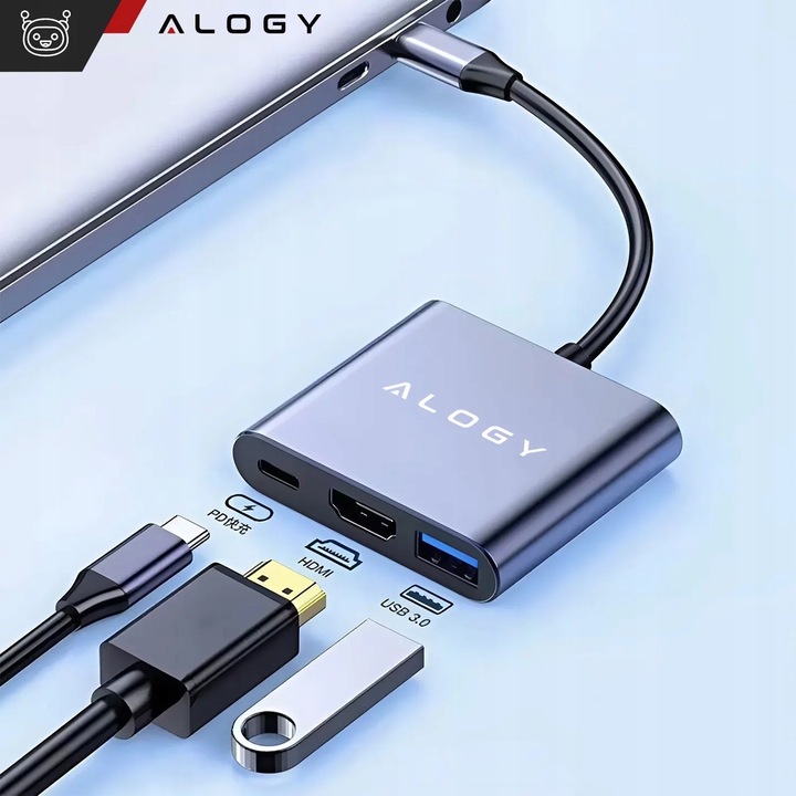 Adapter Przejściówka ALOGY 3w1 MHL HUB USB C HDMI PD do MacBook Samsung