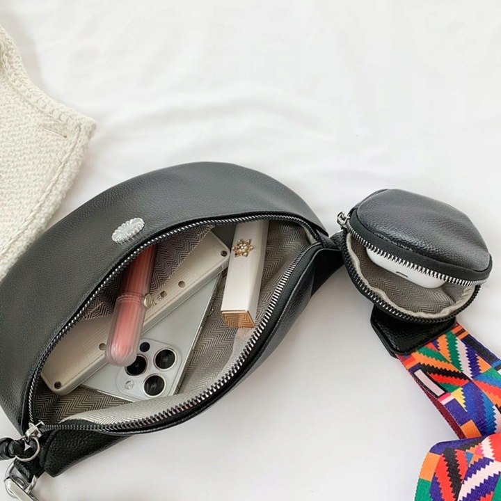 NERKA CZARNA SASZETKA DAMSKA POJEMNA SZEROKI KOLOROWY PASEK SKÓRA EKO