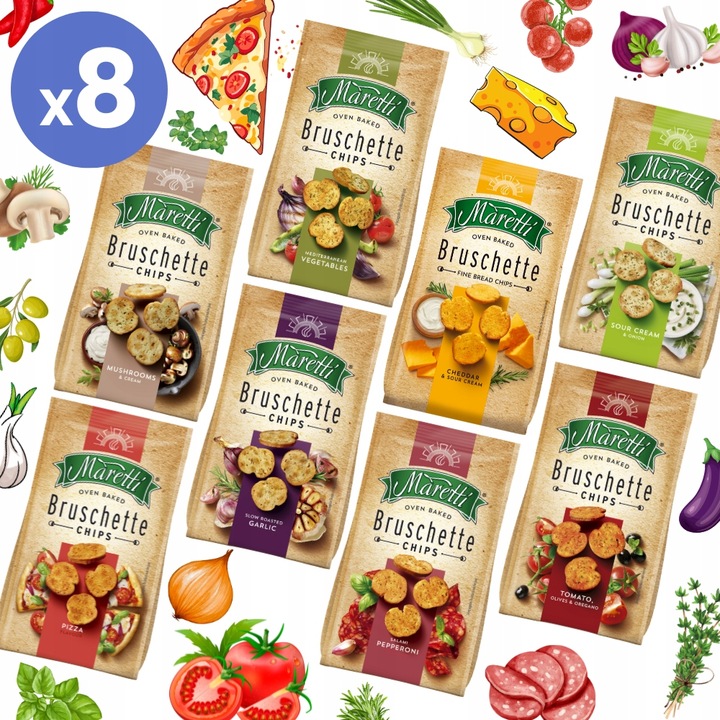 8x MIX Pieczone chlebowe krążki chipsy przekąska 70g Bruschette Maretti