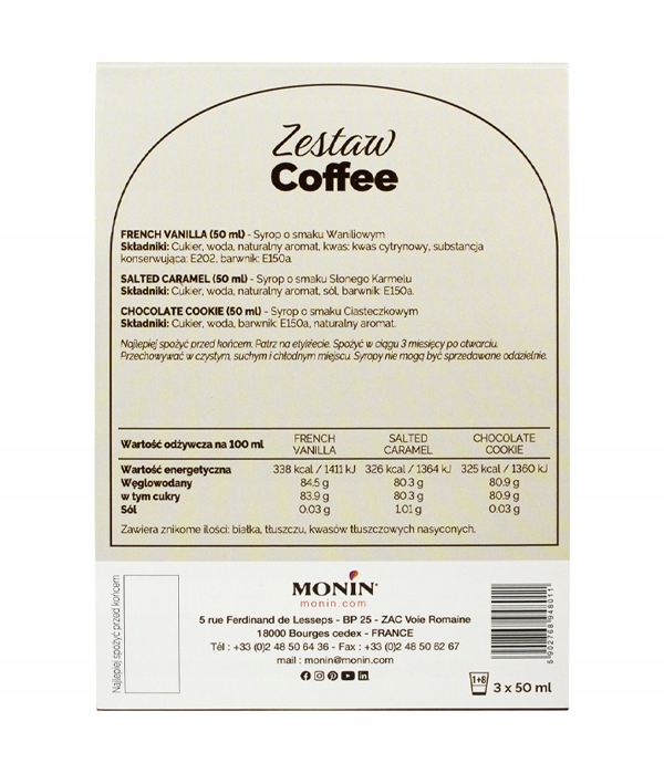 syrop do kawy MONIN | zestaw 3 x 50 ml: wanilia, czekolada, słony karmel