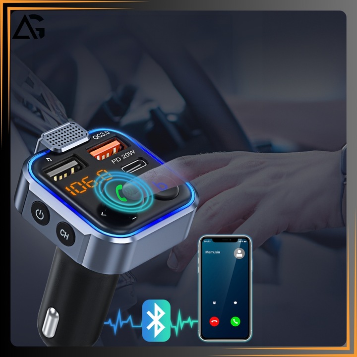 TRANSMITER BLUETOOTH SAMOCHODOWY FM USB 3.0A + 1.0A QC USB-C ŁADOWARKA