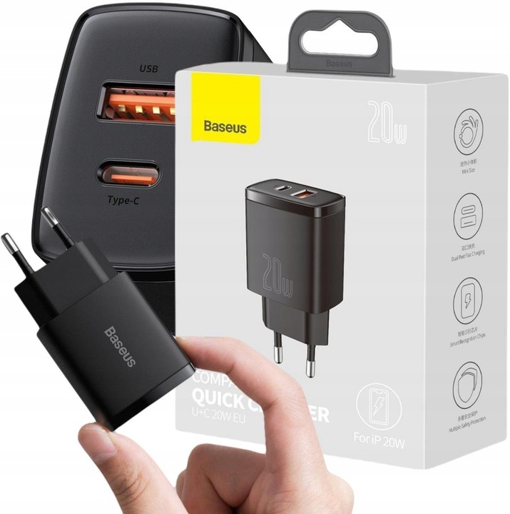 SZYBKA ŁADOWARKA SIECIOWA USB / USB-C 20W 3A PD QC 3.0 Baseus Compact