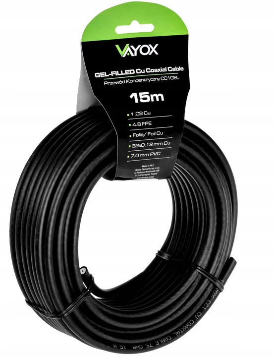 KABEL KONCENTRYCZNY PRZEWÓD ANTENOWY ŻEL CZARNY CU ZIEMNY MIEDŹ VAYOX 15m