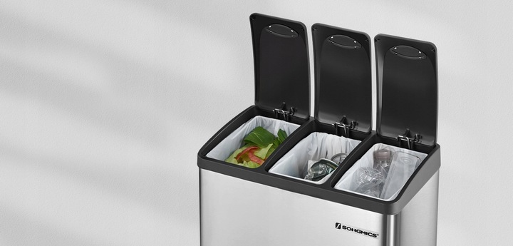Kosz na śmieci odpady METALOWY 3 KOMORY do segregacji recykling 24l srebrny