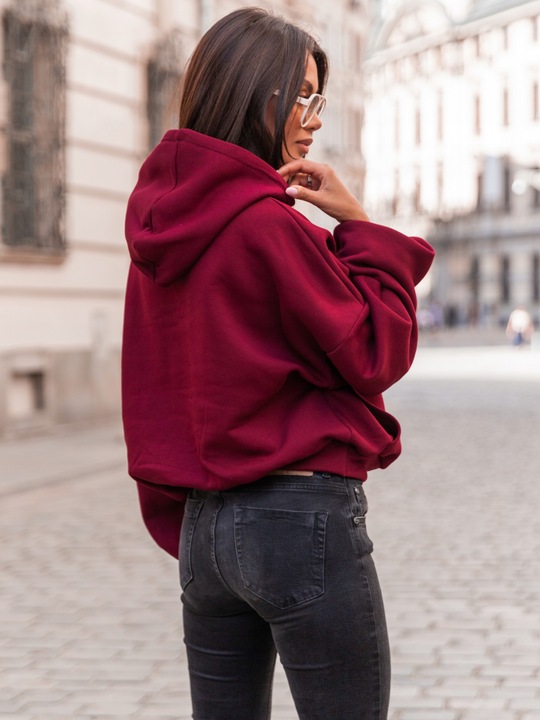 Bawełniana dresowa damska bluza z kapturem na stójce oversize bordowa