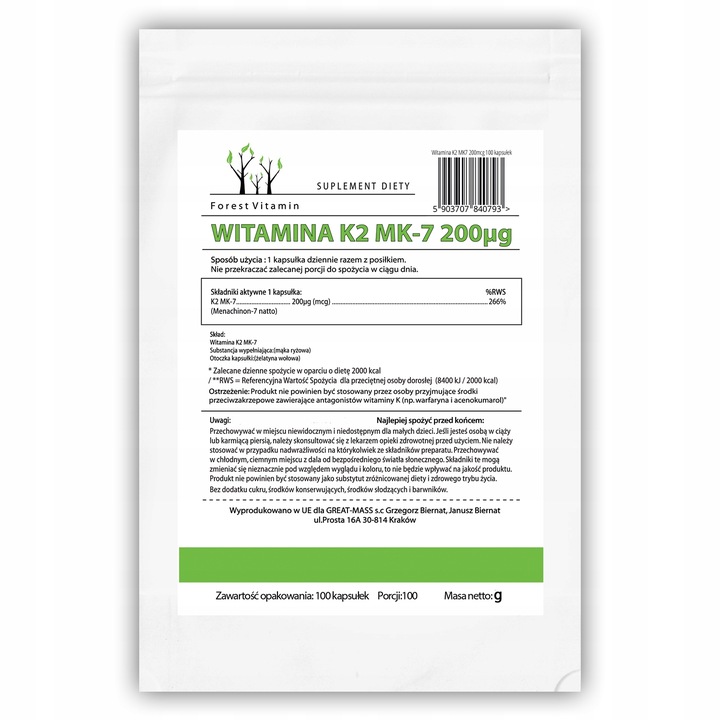 WITAMINA K2 MK-7 200mcg NATTO MOCNA 100 kapsułek