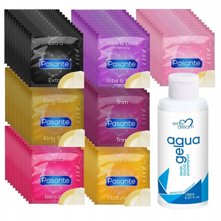 WIELKI ZESTAW najlepsze PREZERWATYWY PASANTE - 70szt + ŻEL POSLIZGOWY 150ml