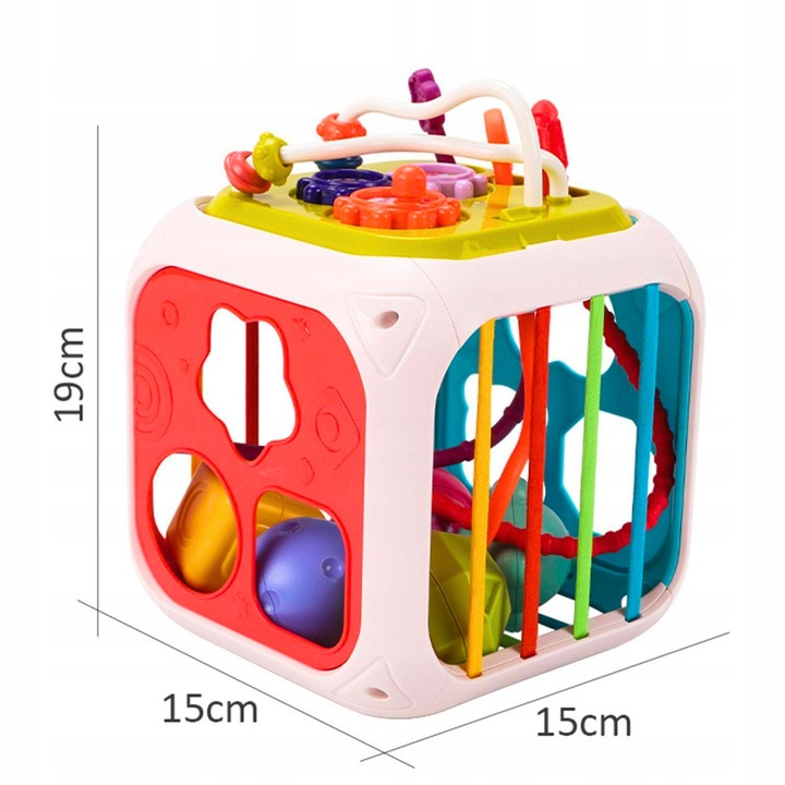 INTERAKTYWNA KOSTKA EDUKACYJNA DLA NIEMOWLĄT SORTER KLOCKI CYMBAŁKI 7w1 PL