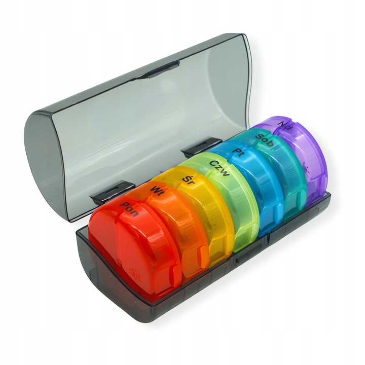 POJEMNIK PUDEŁKO KASETKA ORGANIZER NA LEKI 7 DNI POLSKIE NAPISY