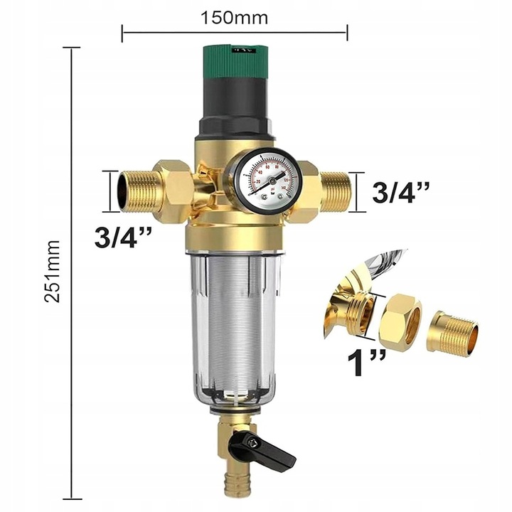 REDUKTOR CIŚNIENIA WODY 1 CALA 3/4 MANOMETR+FILTR DŁUGI Z ZAWOREM 3Ccc