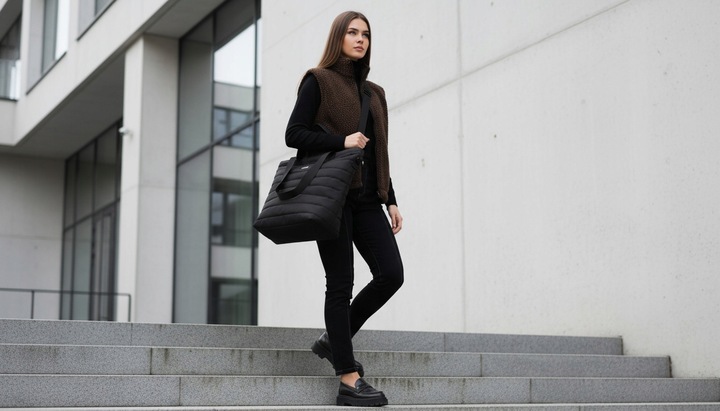 Czarna Torebka damska duża pojemna torba shopper na ramię pikowana