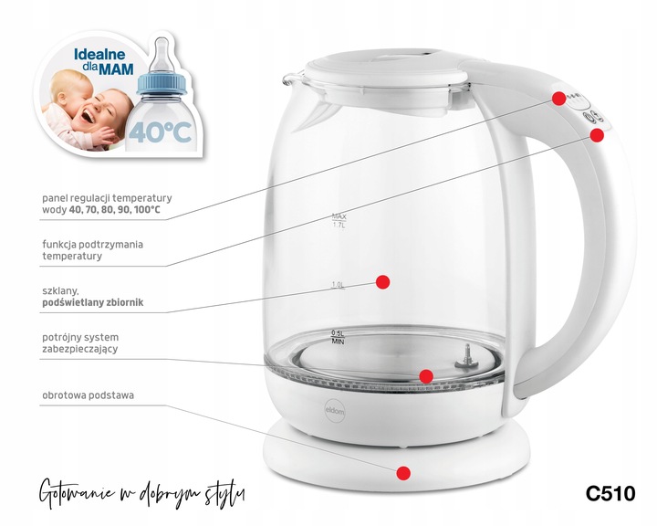 CZAJNIK ELEKTRYCZNY BEZPRZEWODOWY SZKLANY C510 2200W 1,7l BIAŁY