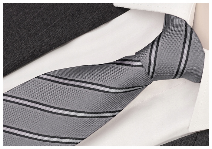 ŻAKARDOWY Krawat Męski w Paski Szary STALOWY RC03