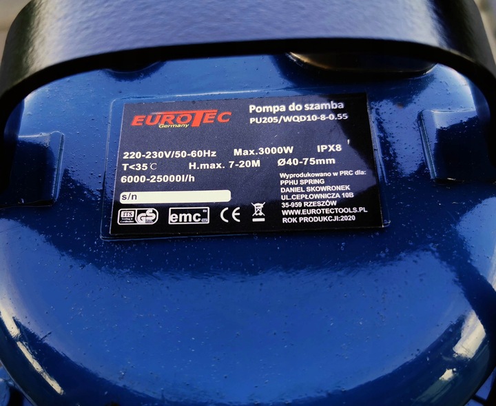 POMPA DO SZAMBA I BRUDNEJ WODY SZLAMOWA EUROTEC