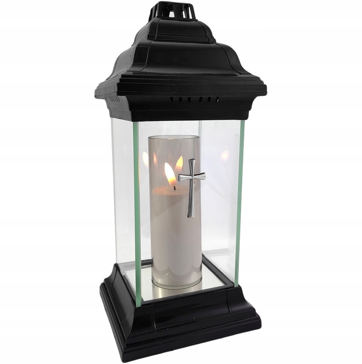 Znicz kapliczka szklany prosty lampion z krzyżem czarny 31cm