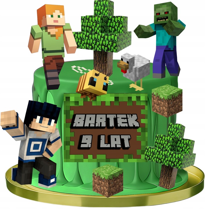 OPŁATEK CUKROWY GAMINGOWE PIKSELE TNT CREEPER WYDRUK + 9szt POSTACI + TEKST