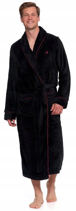 SZLAFROK MĘSKI Moraj Wiązany w Pasie Ciepły Puszysty z Kieszeniami - L