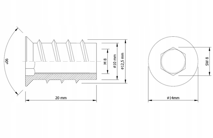 Mufa do drewna M8 x 20 mm 100 szt. dwugwintowa wkręcana z kołnierzem