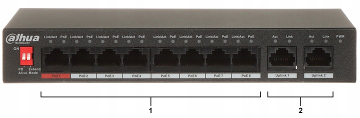 Switch PoE Dahua 8-portowy (Switch PoE 8+2, 1xHiPoE, Uplink 1000Mbps, 96W)