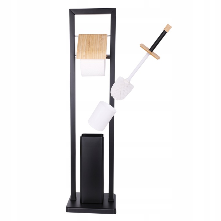 Stojak na papier toaletowy z uchwytem i szczotką do wc czarny bambus