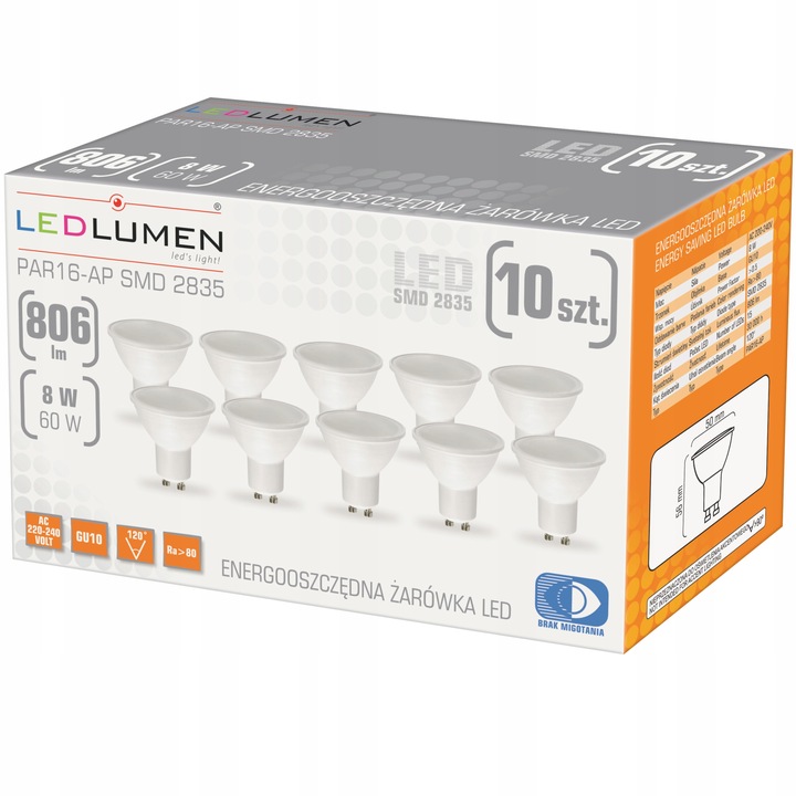 Zestaw 10x Żarówka LED GU10 8W=60W SMD 806lm Premium Nie Mruga Ciepła