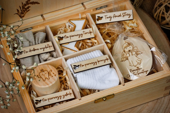 Pamiątka Chrztu Świętego Pudełko GOTOWY PREZENT NA CHRZEST PREMIUM Grawer