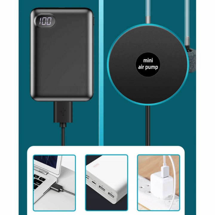 MINI NAPOWIETRZACZ DO AKWARIUM USB 1,5W 250ml/min POMPKA NA SZYBĘ WODA