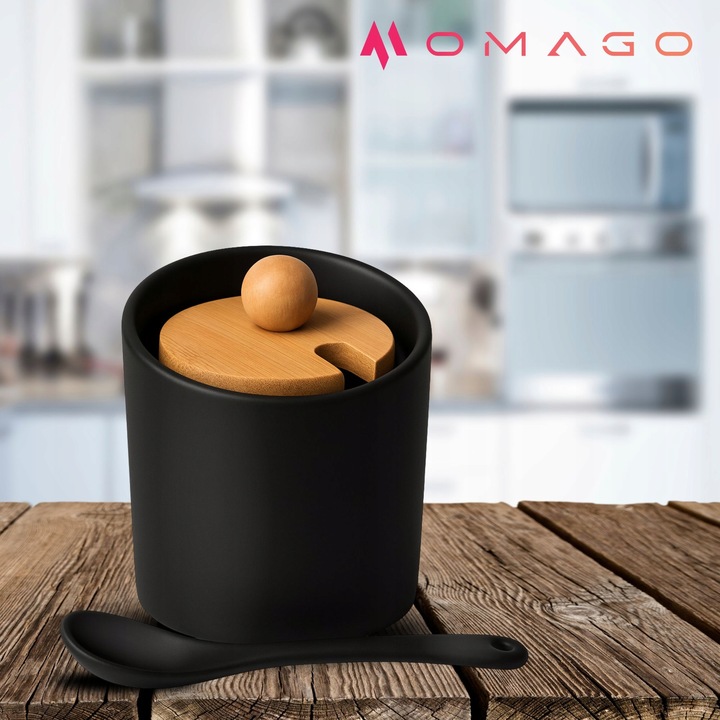 CUKIERNICA CUKIERNICZKA Z ŁYŻECZKĄ Z POKRYWKĄ CZARNA POJEMNIK NA CUKIER