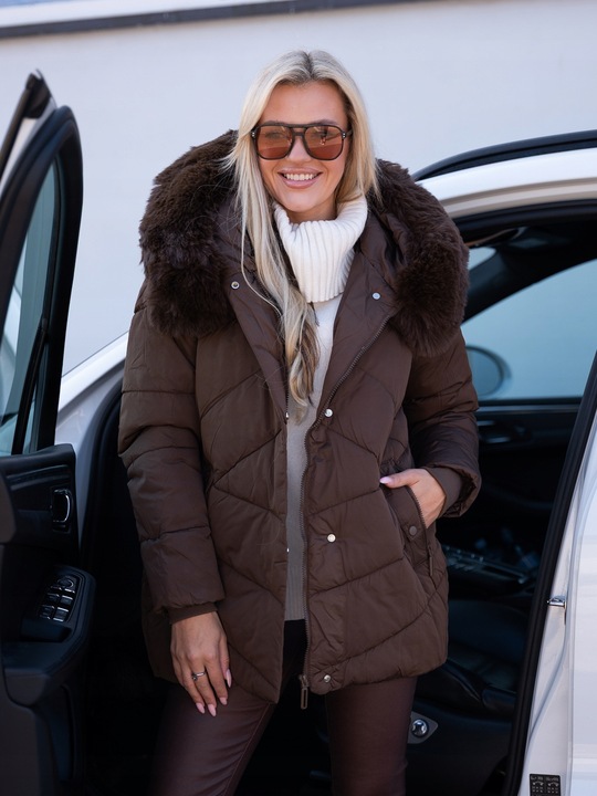 LEXI Klasyczna Luźna KURTKA Damska Pikowana Kaptur Z Futerkiem