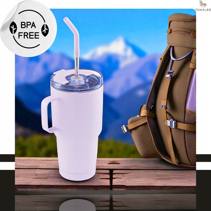 MOCNY Kubek Termiczny ze Stalową Słomką i Uchwytem na Kawę Herbatę 900ml