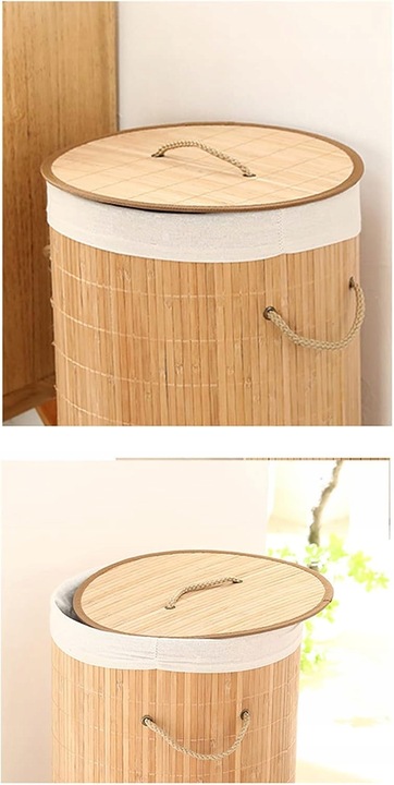 OKRĄGŁY KOSZ NA PRANIE BIELIZNĘ BAMBUSOWY ZAMYKANY SKŁADANY POJEMNY