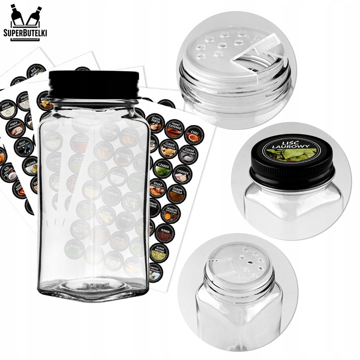 SZKLANE POJEMNIKI NA PRZYPRAWY 24x SŁOICZKI + 200 ETYKIET PRZYPRAWNIK