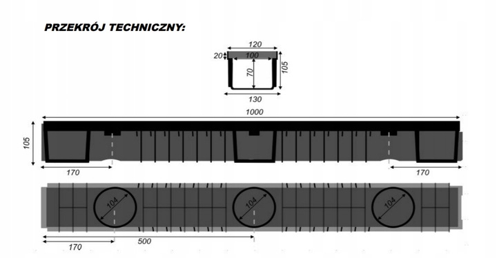 ODWODNIENIE LINIOWE GARAŻU A15 1,5t KORYTKO GRUBY RUSZT H105 WPUST