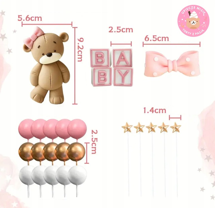 CALY Zestaw dekoracji na tort – MIS z różową kokardką + napis BABY ROCZEK