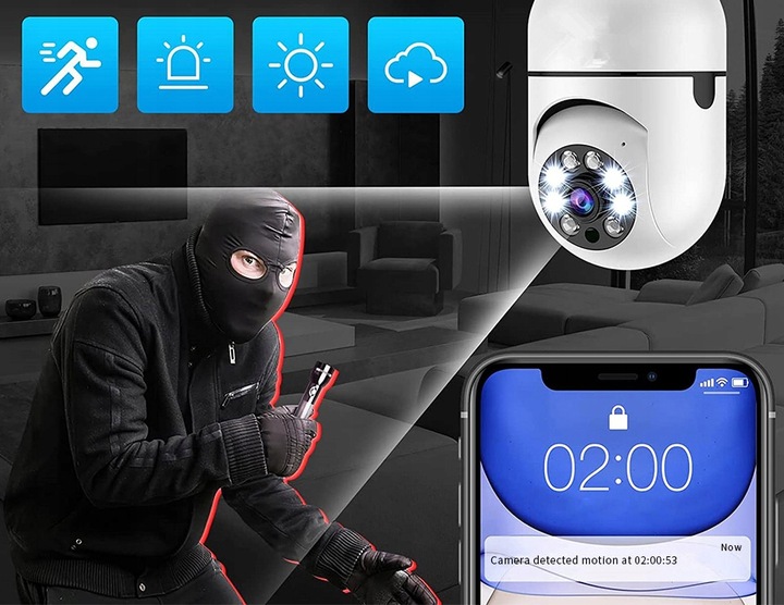 Kamera Obrotowa Panoramiczna 360 Zamiast Żarówki Nagrywanie Nocne Wi-FI IP