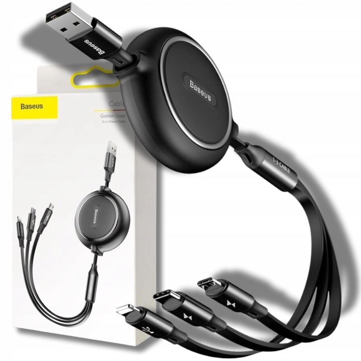 BASEUS SZYBKI KABEL ZWIJANY 3w1 USB - micro USB/Lightning/USB C 3.5A 1,2m