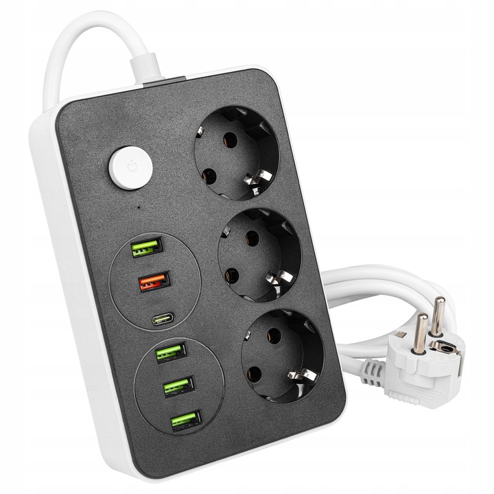 Przedłużacz listwa 2m zasilająca 6x USB UZIEMIENIE 3 GNIAZDA CZARNY 3x1MM