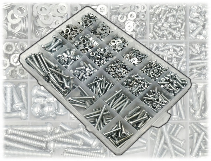 ZESTAW ŚRUBEK ŚRUB I NAKRĘTEK 1100szt W PUDEŁKU ŚRUBKI NAKRĘTKI M3 M4 M5 M6