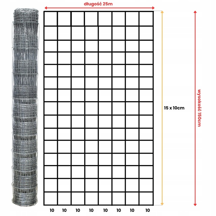 SIATKA LEŚNA 150/16/10 L - rolka 25m OCYNKOWANA do pola sady lasy